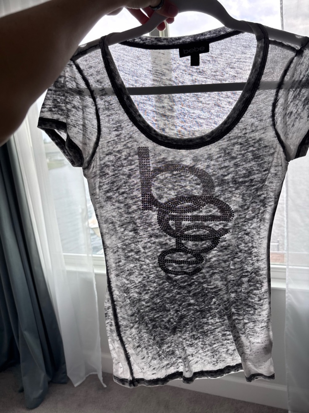 Bebe Y2K Sheer Graphic Baby Tee Rhinestone Logo Fitted Grunge Going Out Top XS